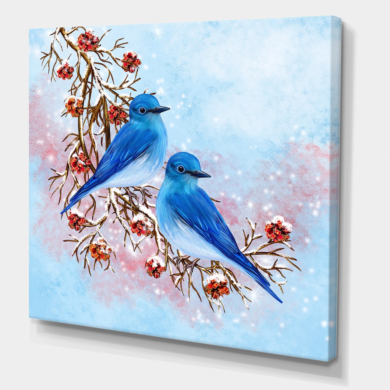 Designart - Two Blue Birds Sitting On A Branch With Berries - Traditional Canvas Wall Art Print